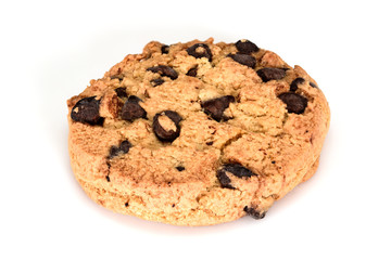 Homemade cookies. Sweet cookie with chocolate chips. Tasty biscuit in high resolution close-up, isolated on white background with shadows. Homemade bakery.