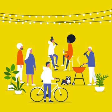 Block party. Garden. Backyard. String lights and plants. Outdoor. Millennial lifestyle. Gather together. Friends. Community. Flat editable vector illustration, clip art