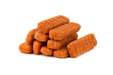 Fish fingers on a white background. Frozen fish fingers close-up.