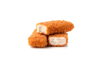 Fish fingers on a white background. Frozen fish fingers close-up.