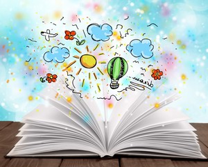 Open book with  drawing on  background