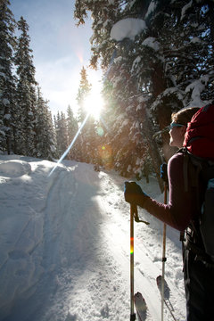 One woman backcountry skiing on a trip to the 10th mountain division hut system near Leadville, Colorado