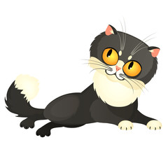 Tricky animated gray cat with yellow eyes isolated on a white background. Vector cartoon close-up illustration.