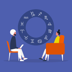 Astrologer session. Fortune telling. Zodiacal signs. Horoscope. Flat editable vector illustration, clip art. Psychic. Experience. Flat editable vector illustration, clip art
