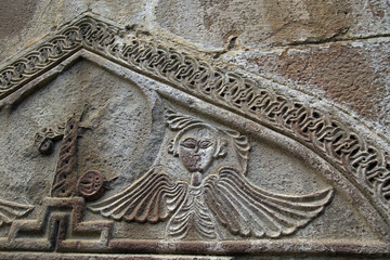 Reliefs in Ananuri - medieval castle, on Aragvi River, Georgia 