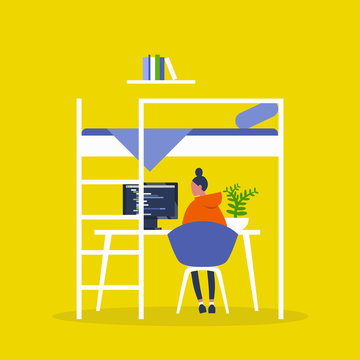 recommend clip art: Bunk bed and a desk. Home office. Freelancer lifestyle. Interior. Millennial. Flat editable vector illustration, clip art. Young female character working remotely
