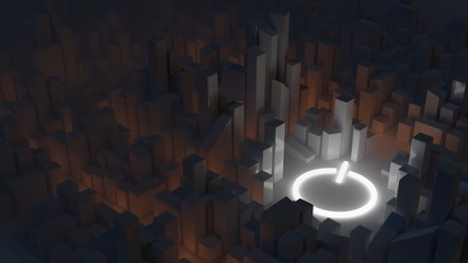 Smart cities, modern urban environment concept. City at night with a power symbol. Abstract 3D render.