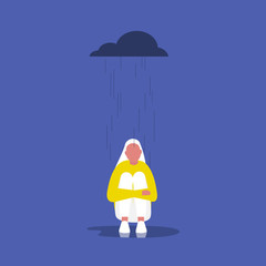 Depression. Psychology. Mental health. Rain. Cloud. Young female character sitting in the rain. Flat editable vector illustration, clip art. Concept