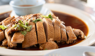 Roasted duck in Thai style for Chinese New Year dinner meal, Bangkok Thailand food restaurant
