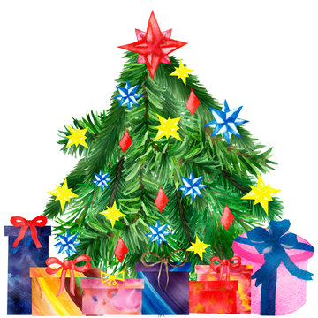 Watercolor hand painted nature holiday celebration composition with green fir branches christmas tree with stars toys and different multicolor gift boxes with bow under on the white background