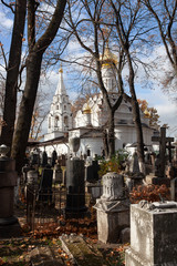 Golden autumn in ancient necropolis of Donskoy monastery, Moscow, Russia