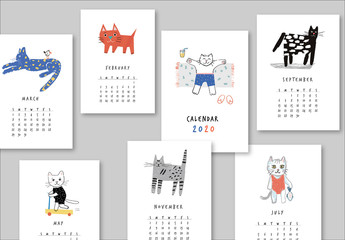 Annual Calendar Layout with Illustrated Cats
