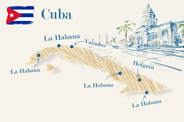 Ręcznie lustrowana mapa Kuby - obrazy, fototapety, plakaty