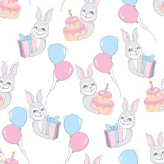 Seamless Rabbit Pattern Background, Happy cute bunny flying in the sky between colorful balloons and clouds, Cartoon Hare Bears Vector illustration for Kids