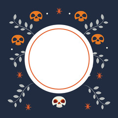 halloween circular frame with skulls and leafs