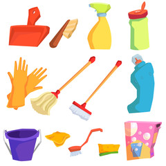 Cartoon cleaning tools. Set of objects for cleaning.