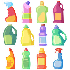 Set of vector empty bottles, detergents for cleaning the house.