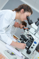 Naklejka na ściany i meble young female medical technician working in laboratory