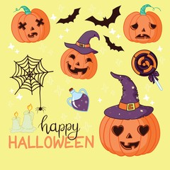 Set of Halloween related objects and creatures. Set of halloween icons for your design. Flat design. Halloween symbols.