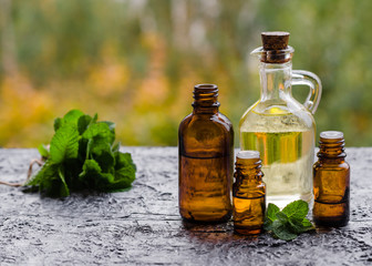 Natural Mint Essential Oil in a Glass Bottle with Fresh Mint Leaves