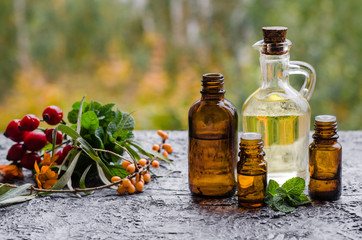 essential oil  of medicine herbs in a small bottles on a grey background. Oil of pepermint, calendula, sea buckthorn and  rose hips. herbal medicine