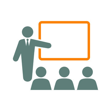 S&iacute;mbolo conferencia. Icono plano hombre con pizarron con p&uacute;blico en gris y naranja