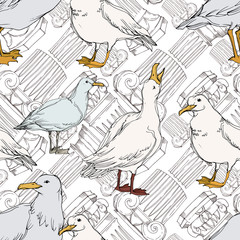 Vector Sky bird seagull in a wildlife. Black and white engraved ink art. Seamless background pattern.