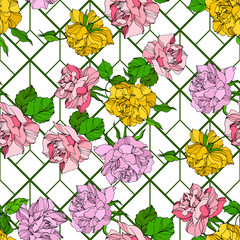 Vector Rose floral botanical flowers. Wild spring leaf wildflower. Engraved ink art. Seamless background pattern.