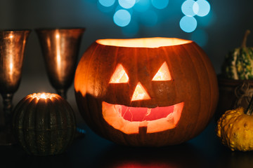 Jack O' Lantern Halloween dark background close up