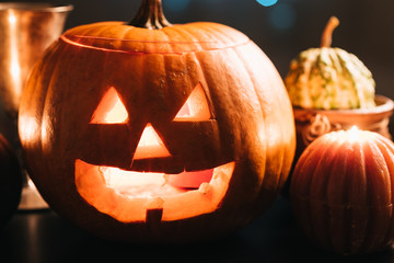 Jack O' Lantern Halloween dark background close up