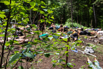 Diverse people enjoy spiritual gathering Blurry people are seen meditating behind tree branches during a natural retreat celebrating native exercises and cultures.