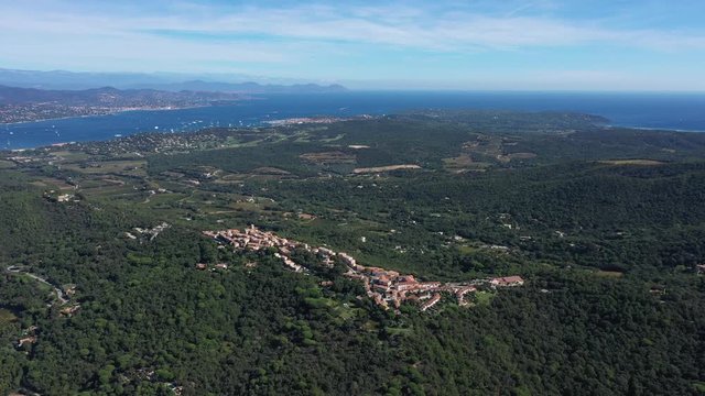 aerial large view of Gassin village Saint Tropez Port Grimaud mediterranean sea France