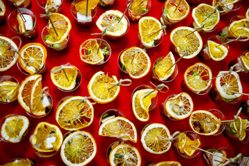 Dry oranges, top view. Oranges in the dessert at the buffet table.