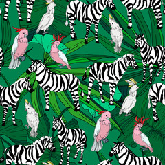 Vector Exotic zebra print wild animal isolated. Black and white engraved ink art. Seamless background pattern.