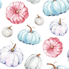 Beautiful seamless pumpkins pattern on isolated white background. Watercolor illustration. Hand drawing. It is perfect for thanksgiving cards or posters, halloween 
