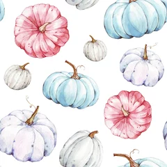 Wall murals Watercolor set 1 Beautiful seamless pumpkins pattern on isolated white background. Watercolor illustration. Hand drawing. It is perfect for thanksgiving cards or posters, halloween 