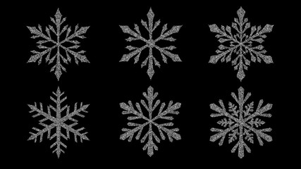 Fototapeta na wymiar Set of beautiful shiny complex Christmas snowflakes made of sparkles in silver colors