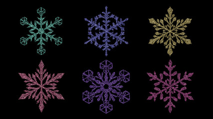 Fototapeta na wymiar Set of beautiful shiny complex Christmas snowflakes made of sparkles in various colors