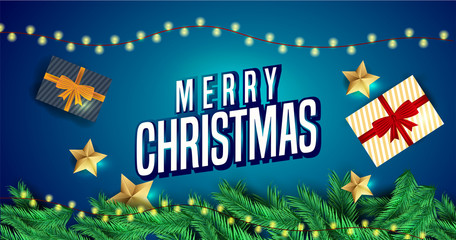Merry Christmas and Happy New Year greeting card design. Top view of gift boxes and pine leaves  with  golden stars and lighting garland decorated on blue background.  Vector Illustration.
