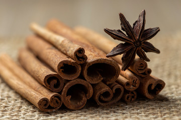 cinnamon sticks and star anise on burlap background