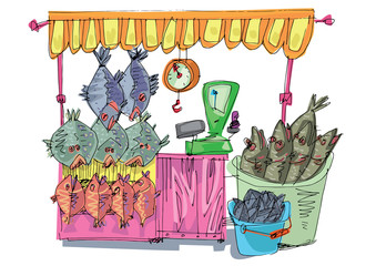 A cute seafood marketplace full of all kind of oceanic and sea food. Cartoon. Caricature.