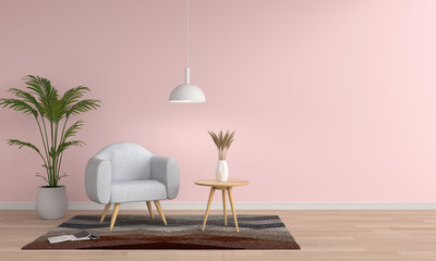 Gray sofa in pink living room, 3D rendering