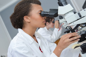 Female laboratory worker looking into microscope