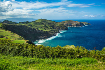 breathtaking view of coastline from Santa Iria viewpoint on the Island of Sao Miguel, Azores, Portugal
