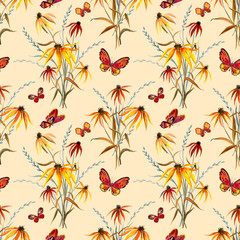Seamless pattern of abstract floral bouquets and butterflies on a beige background, watercolor print for fabric, background for various designs.