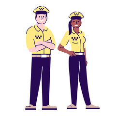 Taxi drivers couple flat vector characters. Taxi, passengers transportation service workers cartoon illustration with outline. Woman and man chauffeurs, cab drivers in yellow uniform isolated on white