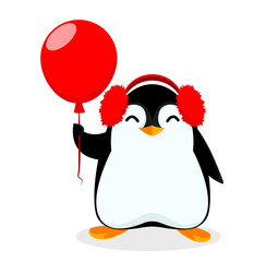Cute little penguin holds red balloon