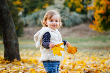 Little toddler girl is playing in fallen leaves in autumn park.