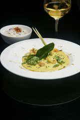 Seafood curry. Exquisite dish. Creative restaurant meal. Fine dining concept.	