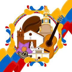 Fototapeten Church building with a flag, hat, coffee bean and guitar. Representative image of colombia - Vector © lar01joka